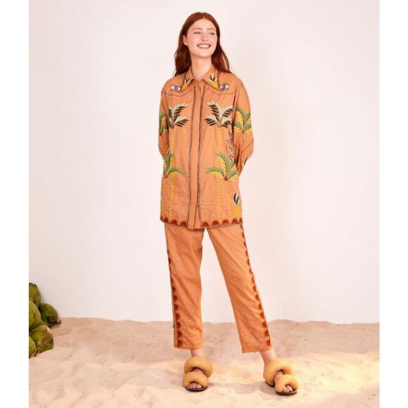 FARM RIO Mystic Embroidered + Beaded L/S Button-Up Shirt Peach/Tan Large - Picture 3 of 15